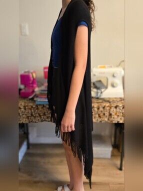 RXB Black Fringe Open-Front Shawl Knit Cardigan Sweater Vest